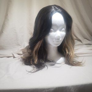 20" Long Brown Wig w/ Blond Streaks & Hair Net
